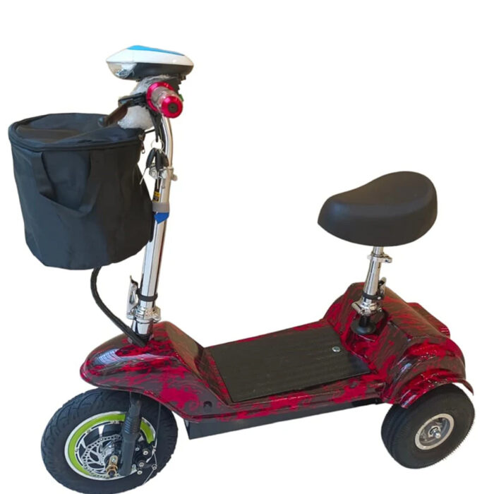 The Winner Sky 3 Tires 500w E-Scooter with Chair & Convenience Bag (max speed 25km/h) features a seat, black foot platform, handlebar storage bag, and headlight, shown in red and black against a white background.