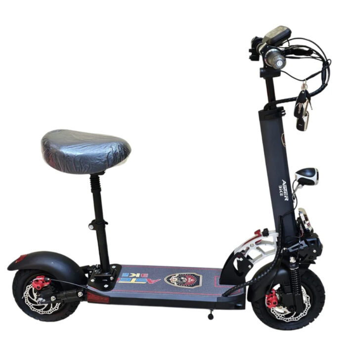 The ASTER E10-A1 Foldable 2000w E-Scooter with Seat features a black frame, cushioned seat, handlebar controls, key ignition, disc brakes, rear suspension, frame-mounted headlight, and a deck with colorful graphics and text.