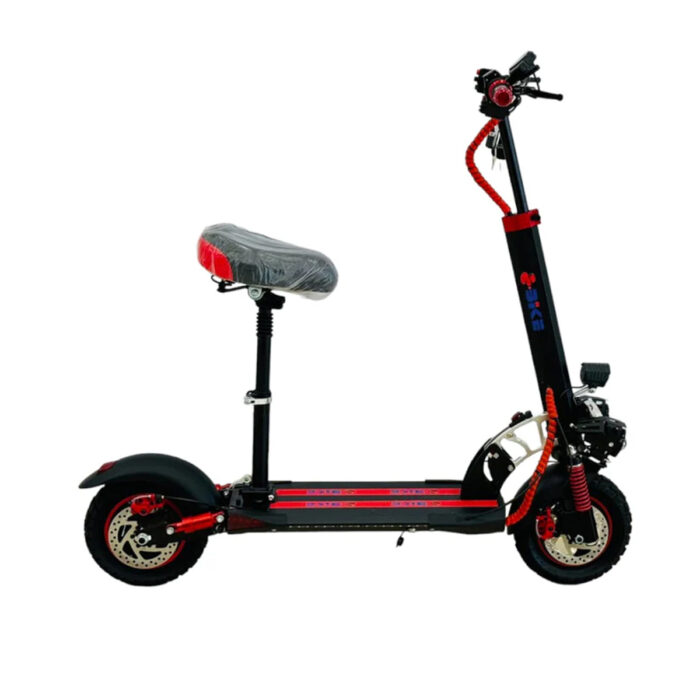 The E10-T13 PRO 2000w Electric Scooter with Seat-ghazi displays a sleek black and red look, cushioned seat, large tires, front and rear suspension, and disc brakes, shown in side profile on a white background.