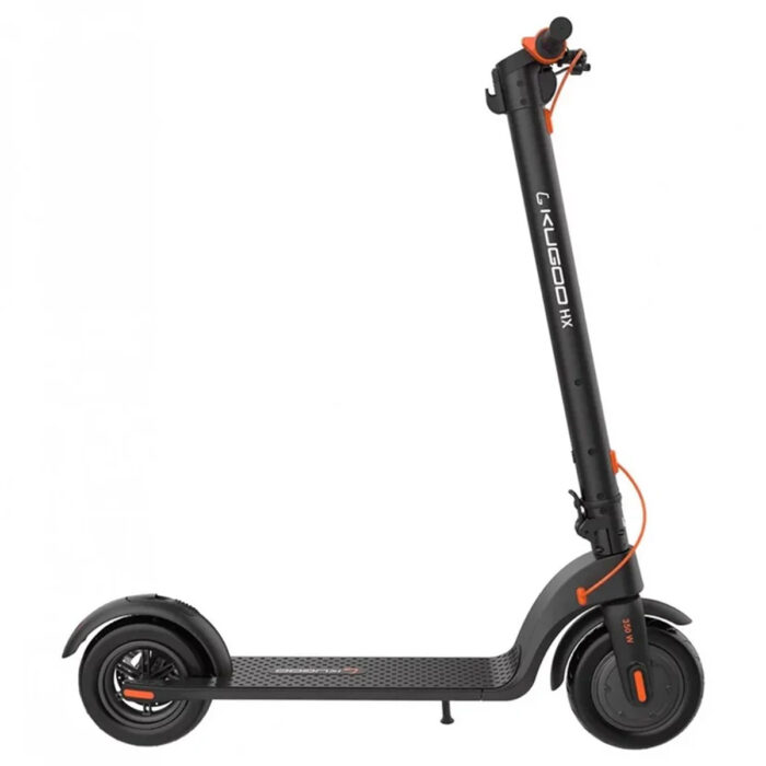 The Kugoo HX Electric Scooter with Removable Battery is shown upright in a side view, featuring black and gray colors with orange accents. The brand name Kugoo HX appears clearly on the vertical stem.