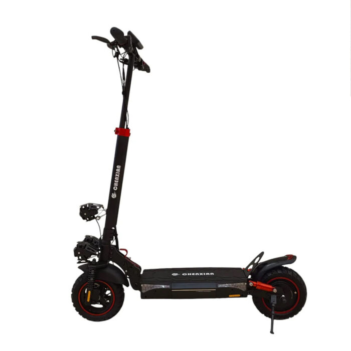 The T4-E10 Big Size E-Scooter with More Ground Clearance is a black electric scooter with red accents, large wheels, a wide deck, front suspension, and lights on the handlebars, shown against a plain white background.