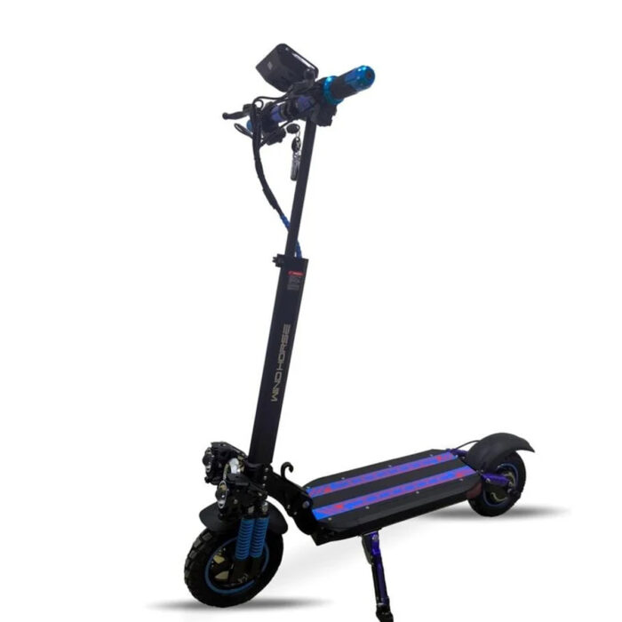 The WindHorse H5 E-Scooter with Powerful Battery features off-road tires, a handlebar display, and a deck with purple and blue stripes. It comes in black with blue accents and includes dual suspension plus a 1-year replacement warranty for motor & battery.