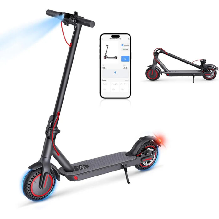 A black and red WindHorse T1 Lightweight Foldable E-Scooter for Adults, inspired by Xiaomi, is shown standing and folded. A smartphone displays its compatible app. Includes a one-year replacement warranty for motor and battery.