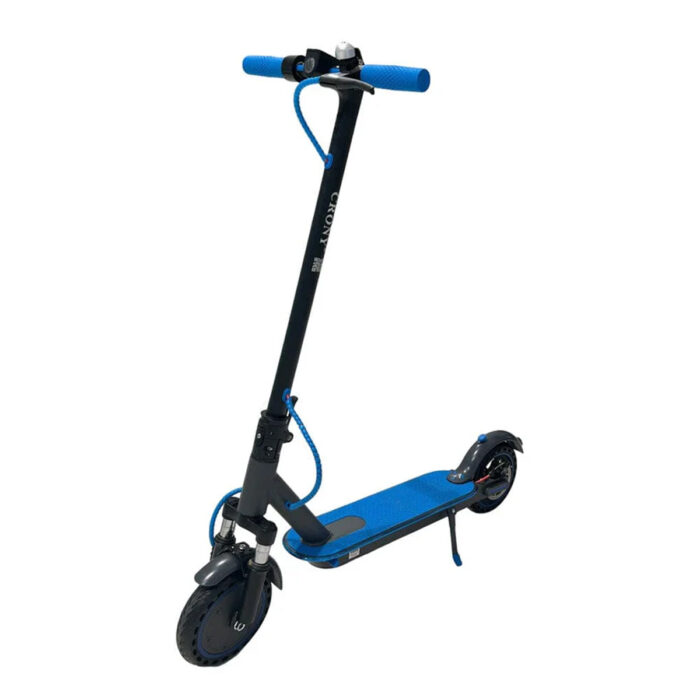 A blue and black XM-M365 E-Scooter with Suspension & Non-Inflatable Tires, Mobile App Connectivity (Blue)-GHAZI features a stand, blue handlebars, and a blue riding deck, shown angled against a white background.